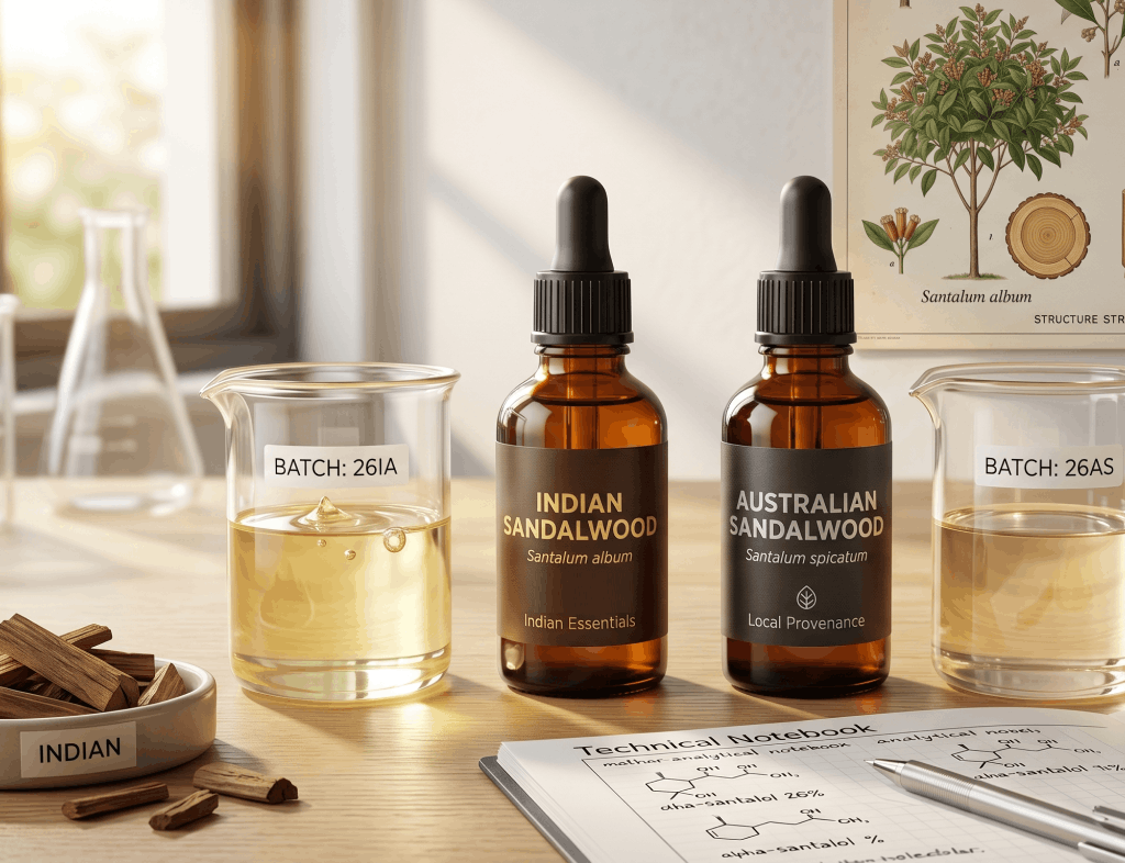 Indian Sandalwood vs. Australian Sandalwood: A Formulator’s Guide to Sourcing in 2026 | L.B. Indian Essentials | https://indianessentials.com.au/